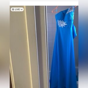 Blue one shoulder dress with silver embellishments in size 2 and size 4. (New)